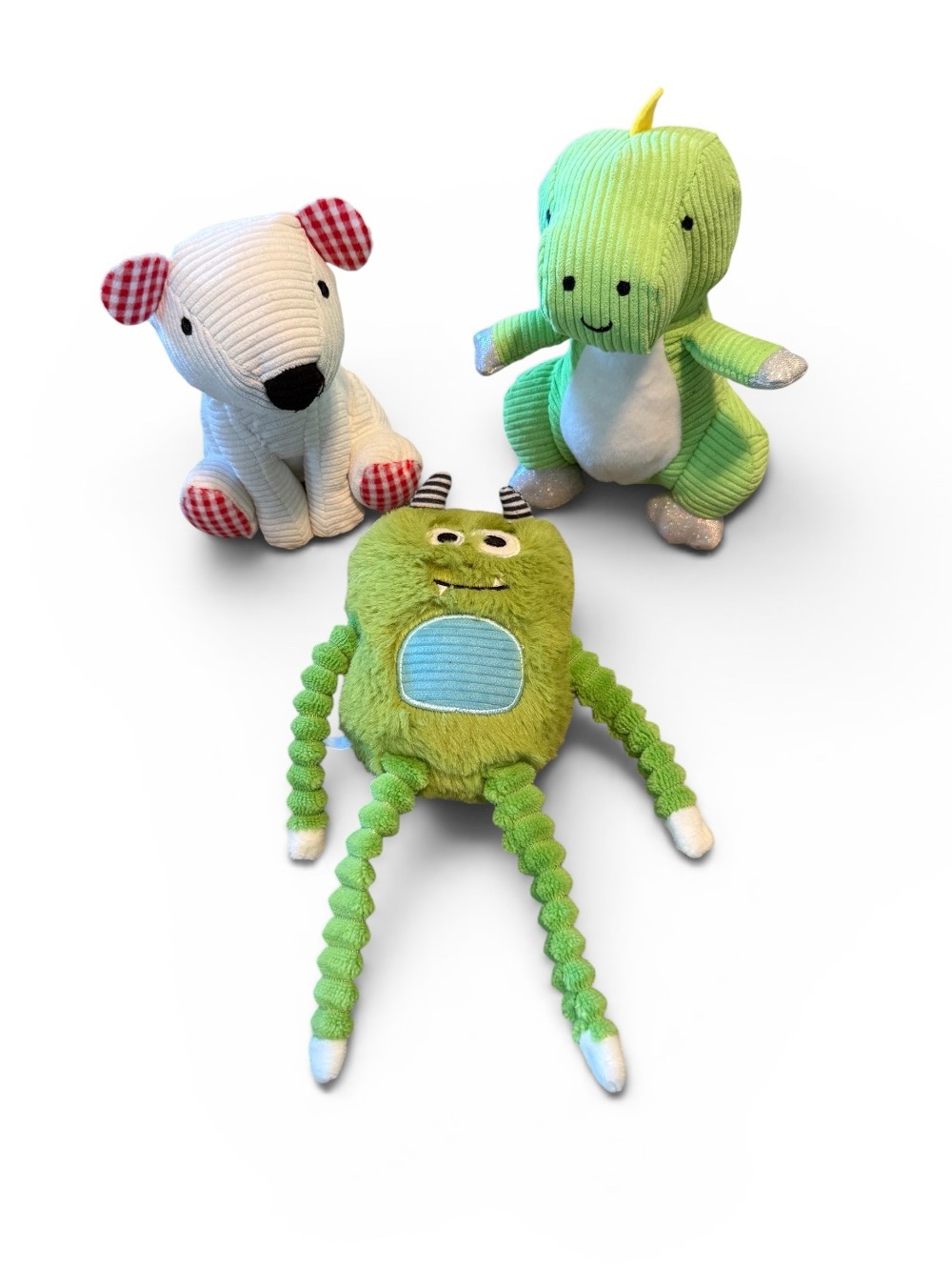 Set of 3 Plush Baby Toys - Green Monster, Dinosaur, Dog - Make Believe Ideas